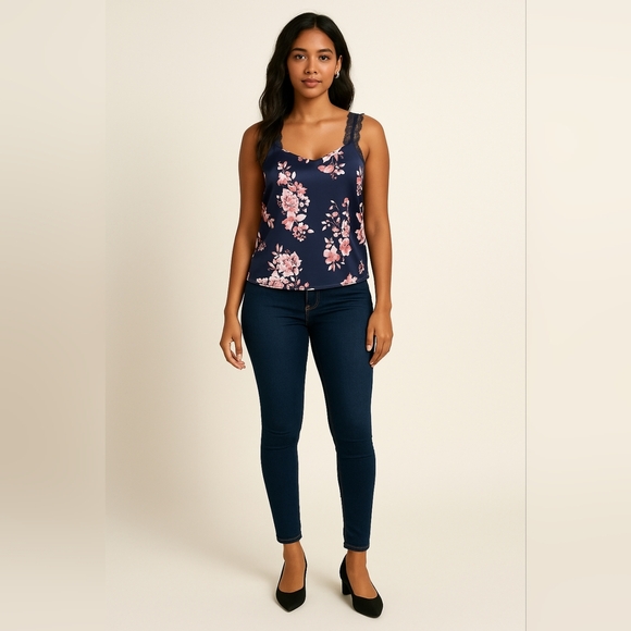 Laundry by Shelli Segal Floral-Print Lace-Trim Sleeveless Top NWT Medium - Picture 1 of 3